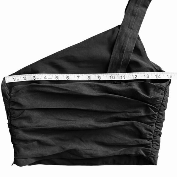 Zara Crop Top One Shoulder Linen Blend Black Ruched Size Medium - Picture 5 of 6
